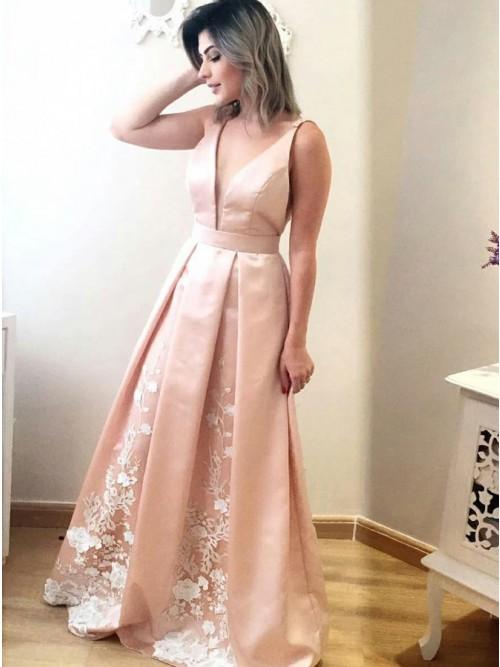 A-Line V-Neck Pleated Satin Long Prom Dress with Appliques