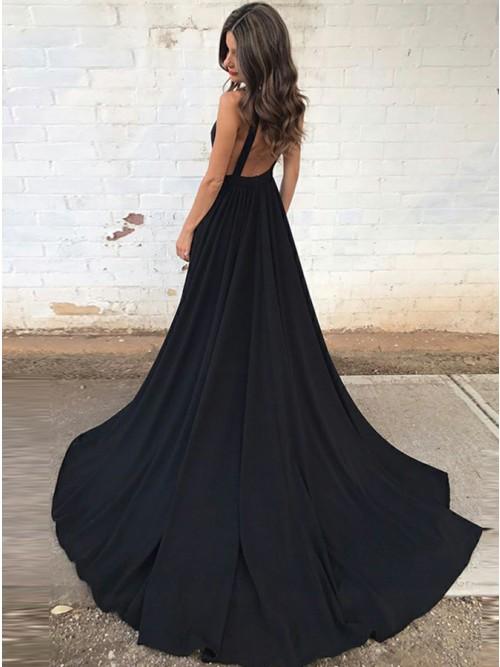 Elegant A-Line Plunging Neck Backless Black Prom Dress with Pockets