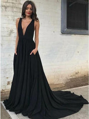 Elegant A-Line Plunging Neck Backless Black Prom Dress with Pockets