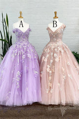 Tulle Ball Gown Long Prom Dresses with Appliques, Sweet 16 Quinceanera Dress