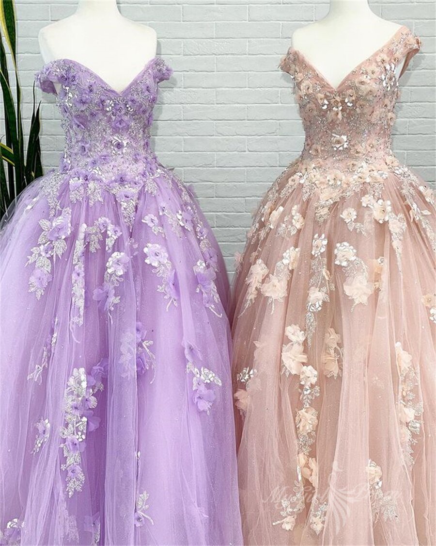 Tulle Ball Gown Long Prom Dresses with Appliques, Sweet 16 Quinceanera Dress