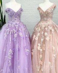 Tulle Ball Gown Long Prom Dresses with Appliques, Sweet 16 Quinceanera Dress
