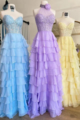 Princess Chiffon Long Prom Dresses with Lace Bodice and Ruffle Skirt