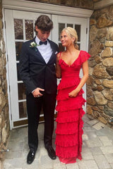 Princess Red Lace Tiered Long Prom Dresses Sleeveless Graduation Gown