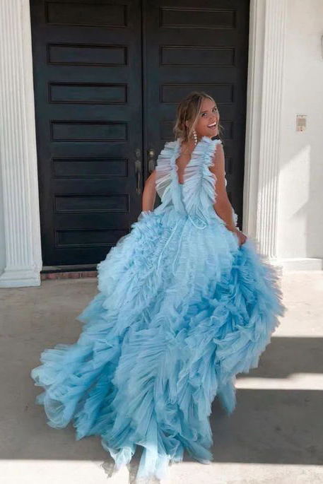 Princess Ruffle Straps Light Sky Blue Tulle Tiered Long Prom Dresses