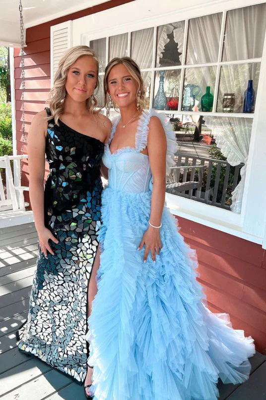 Princess Ruffle Straps Light Sky Blue Tulle Tiered Long Prom Dresses