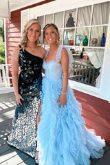 Princess Ruffle Straps Light Sky Blue Tulle Tiered Long Prom Dresses