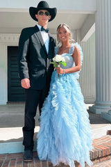 Princess Ruffle Straps Light Sky Blue Tulle Tiered Long Prom Dresses
