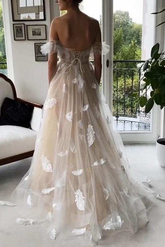 Princess Tulle Feather Lace-Up Back Wedding Dresses, Pretty A-Line Bridal Gown