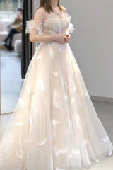 Princess Tulle Feather Lace-Up Back Wedding Dresses, Pretty A-Line Bridal Gown