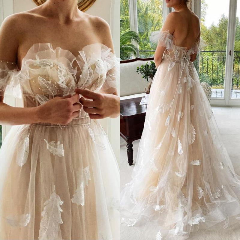 Princess Tulle Feather Lace-Up Back Wedding Dresses, Pretty A-Line Bridal Gown