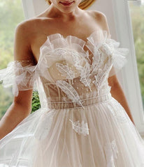 Princess Tulle Feather Lace-Up Back Wedding Dresses, Pretty A-Line Bridal Gown