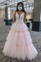 Princess Tulle Tiered Pink Long Prom Dresses, Pink Sweet 16 Dress