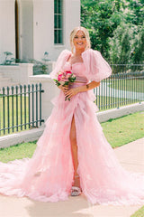 Princess Two-Piece Puffy Sleeves Pink Prom Dresses, Layers Tulle Graduation Dress with Slit