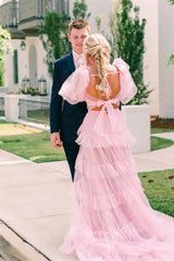 Princess Two-Piece Puffy Sleeves Pink Prom Dresses, Layers Tulle Graduation Dress with Slit