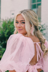 Princess Two-Piece Puffy Sleeves Pink Prom Dresses, Layers Tulle Graduation Dress with Slit
