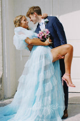 Princess Two-Piece Puffy Sleeves Pink Prom Dresses, Layers Tulle Graduation Dress with Slit