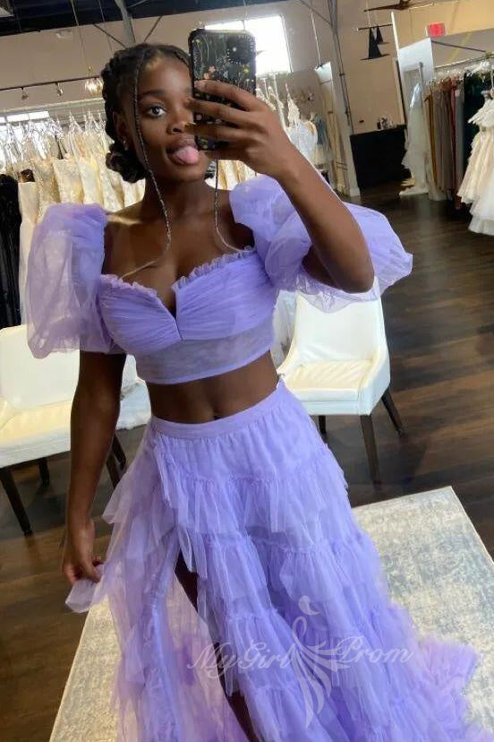 Princess Two-Piece Puffy Sleeves Pink Prom Dresses, Layers Tulle Graduation Dress with Slit