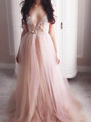 Princess Tulle Long Prom Dresses, V-Neck Lace Backless Formal Evening Dress