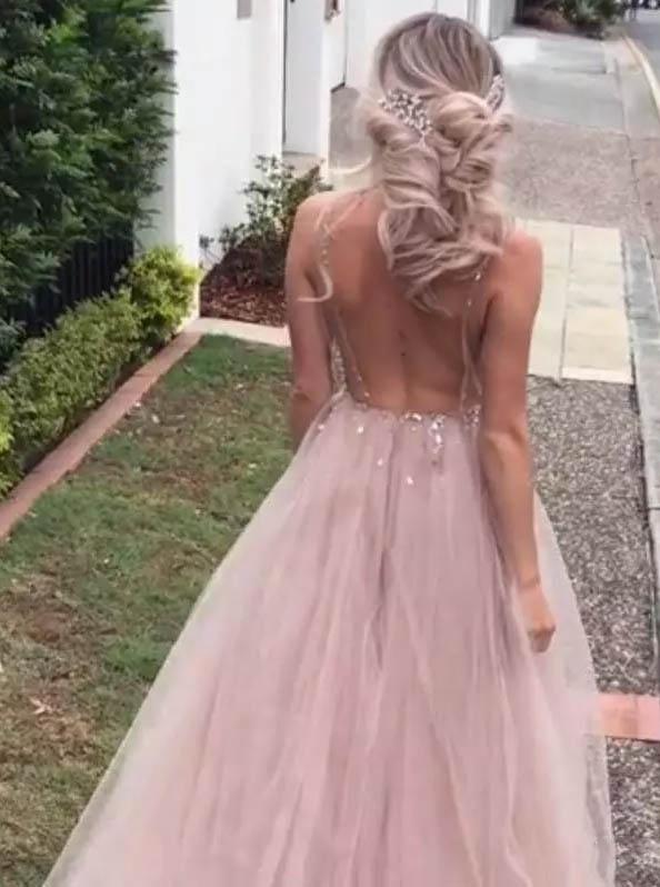 Princess Tulle Long Prom Dresses, V-Neck Lace Backless Formal Evening Dress