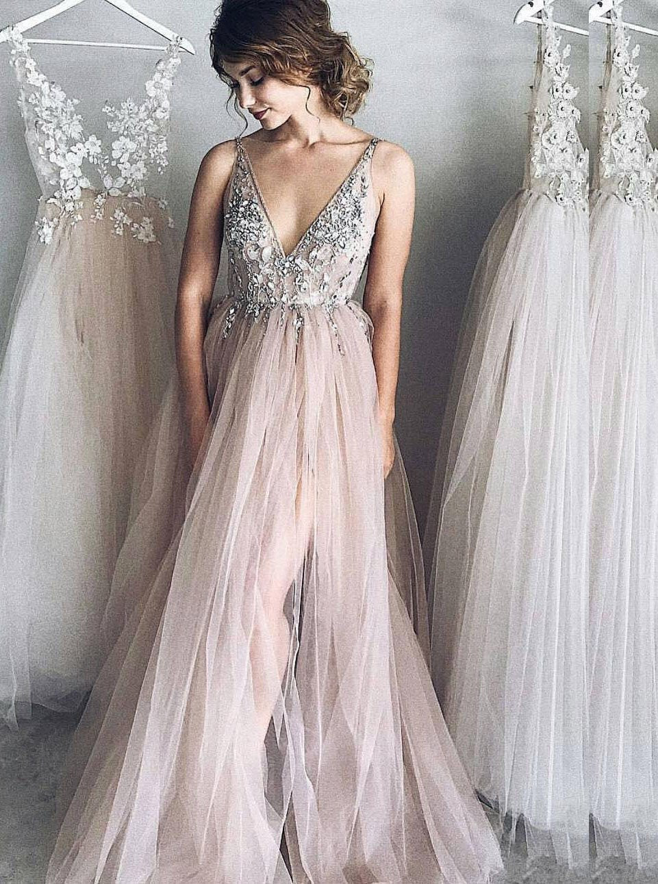 Princess Tulle Long Prom Dresses, V-Neck Lace Backless Formal Evening Dress