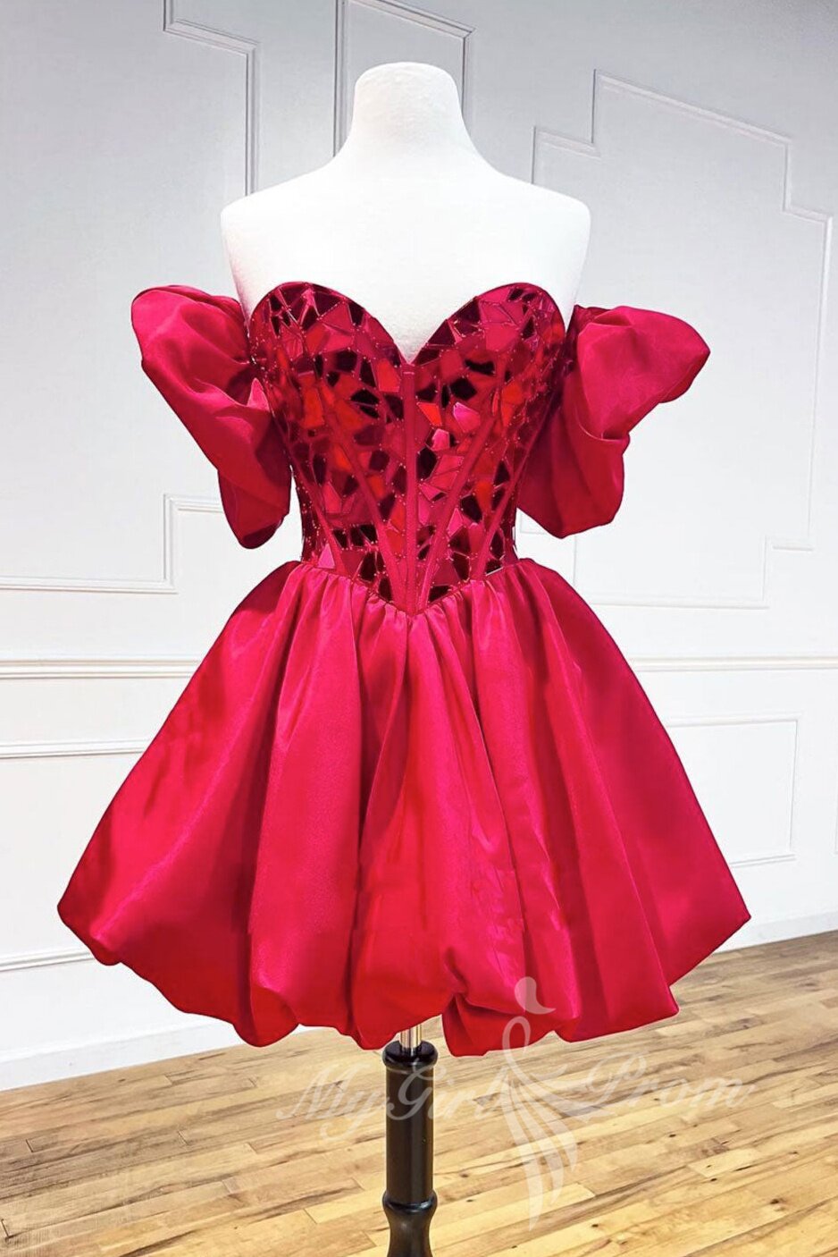 Puffy Satin Short Sleeves Red Prom Dresses, Cute Short Homecoming Dress