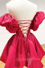 Puffy Satin Short Sleeves Red Prom Dresses, Cute Short Homecoming Dress