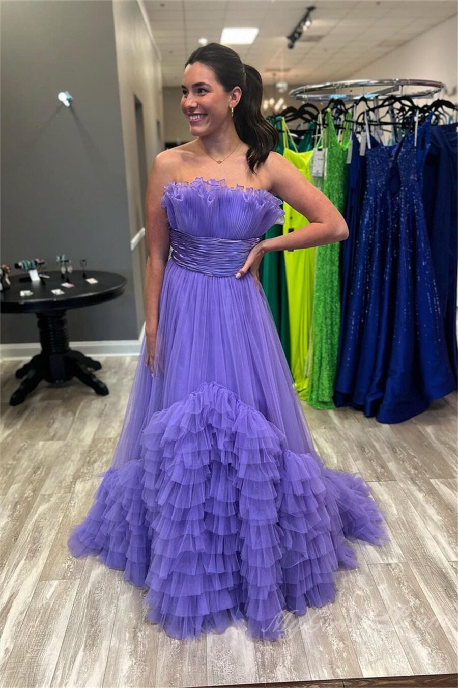 Black A-Line Strapless Layered Tulle Princess Prom Dress