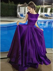 A-Line Round Neck Open Back Purple Satin Long Prom Dress