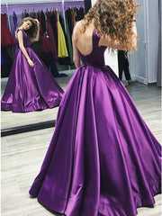 A-Line Round Neck Open Back Purple Satin Long Prom Dress