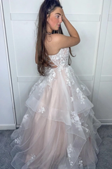 Stylish V-Neck Tulle Long Prom Dresses with Appliques, Princess Graduation Gown