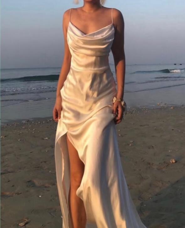 Spaghetti Straps Simple Long Prom Dresses with Split, Slit Evening Gowns