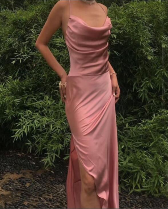 Spaghetti Straps Simple Long Prom Dresses with Split, Slit Evening Gowns