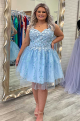 A-Line Light Blue Plus Size Homecoming Dress with Appliques