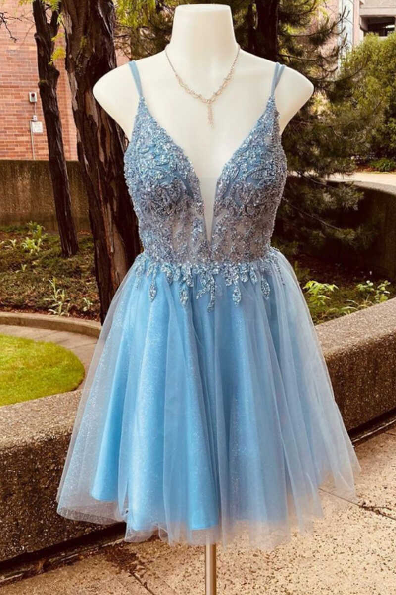 Charming Blue Sequins Plunge Neck A-Line Tulle Short Homecoming Dress