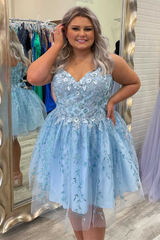 A-Line Light Blue Plus Size Homecoming Dress with Appliques