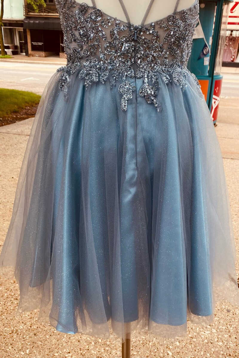Charming Blue Sequins Plunge Neck A-Line Tulle Short Homecoming Dress