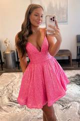 A-Line Hot Pink Sequin V-Neck Short Party Dress, Homecoming Dress