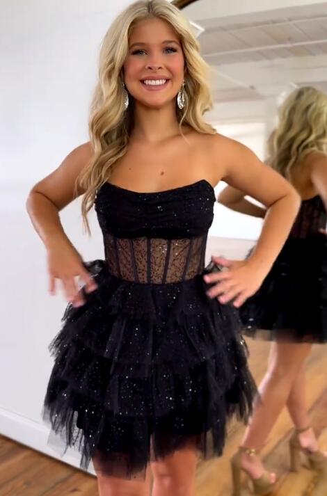 Strapless Sequin Black Tulle Homecoming Dresses, Ruffles with Sheer Corset Party Dress