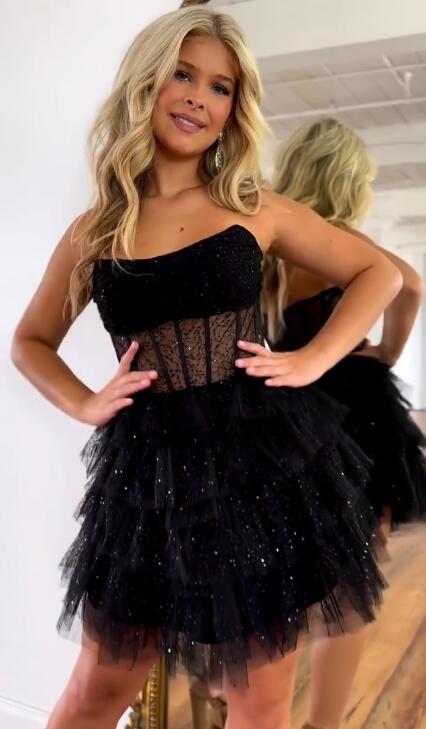 Strapless Sequin Black Tulle Homecoming Dresses, Ruffles with Sheer Corset Party Dress