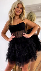 Strapless Sequin Black Tulle Homecoming Dresses, Ruffles with Sheer Corset Party Dress