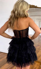 Strapless Sequin Black Tulle Homecoming Dresses, Ruffles with Sheer Corset Party Dress
