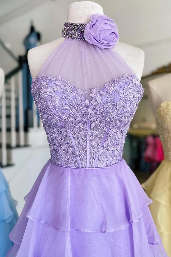 Princess Chiffon Long Prom Dresses with Lace Bodice and Ruffle Skirt