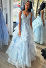 A-Line V-Neck Tulle Sky Blue Long Prom Dress with Lace Appliques