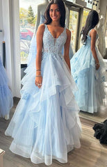 A-Line V-Neck Tulle Sky Blue Long Prom Dress with Lace Appliques