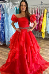 Hot Pink Organza Beading Prom Dresses, Short Sleeves Formal Evening Dress