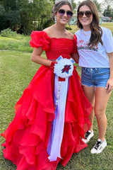 Hot Pink Organza Beading Prom Dresses, Short Sleeves Formal Evening Dress