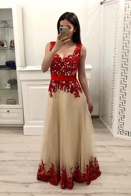 A-Line Prom Dress with Red Appliques, Tulle Long Formal Dress