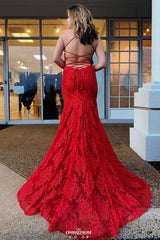 Red Backless Long Prom Dresses, V-Neck Mermaid Spaghetti Evening Dress