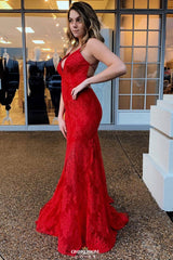 Red Backless Long Prom Dresses, V-Neck Mermaid Spaghetti Evening Dress
